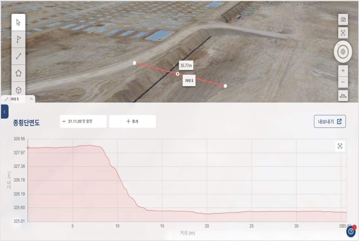 엔젤스윙 플랫폼에서 드론 측량 데이터의 단면 프로파일과 거리 35.77m를 확인하는 화면