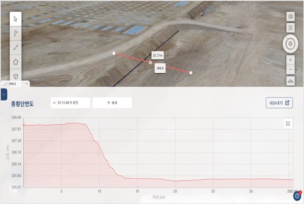 엔젤스윙 플랫폼에서 드론 측량 데이터의 단면 프로파일과 거리 35.77m를 확인하는 화면